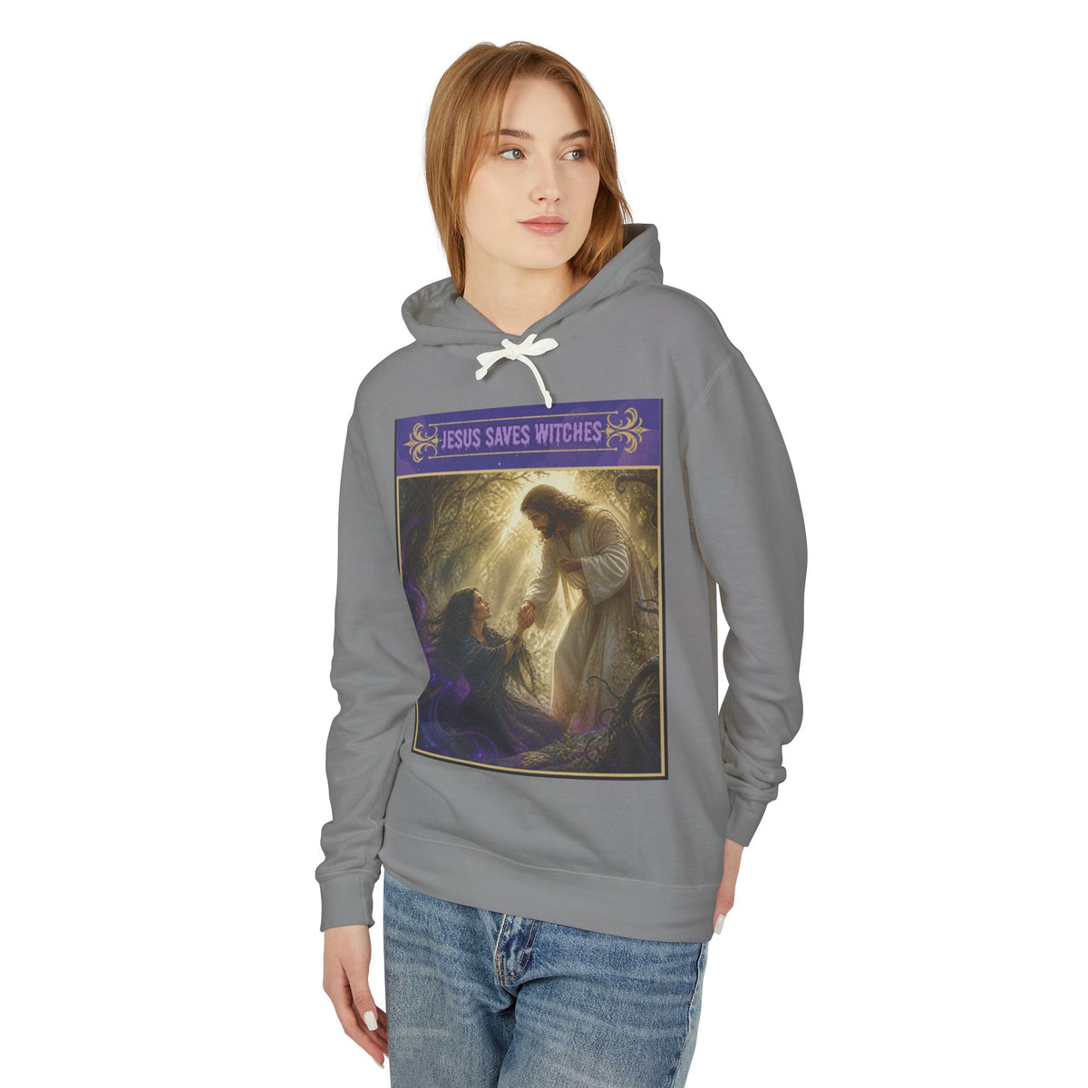 "Jesus Saves Witches" Lightweight Hooded Sweatshirt