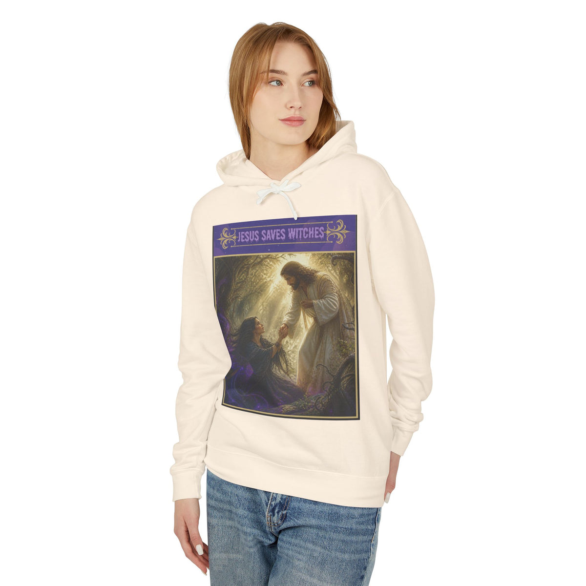 "Jesus Saves Witches" Lightweight Hooded Sweatshirt