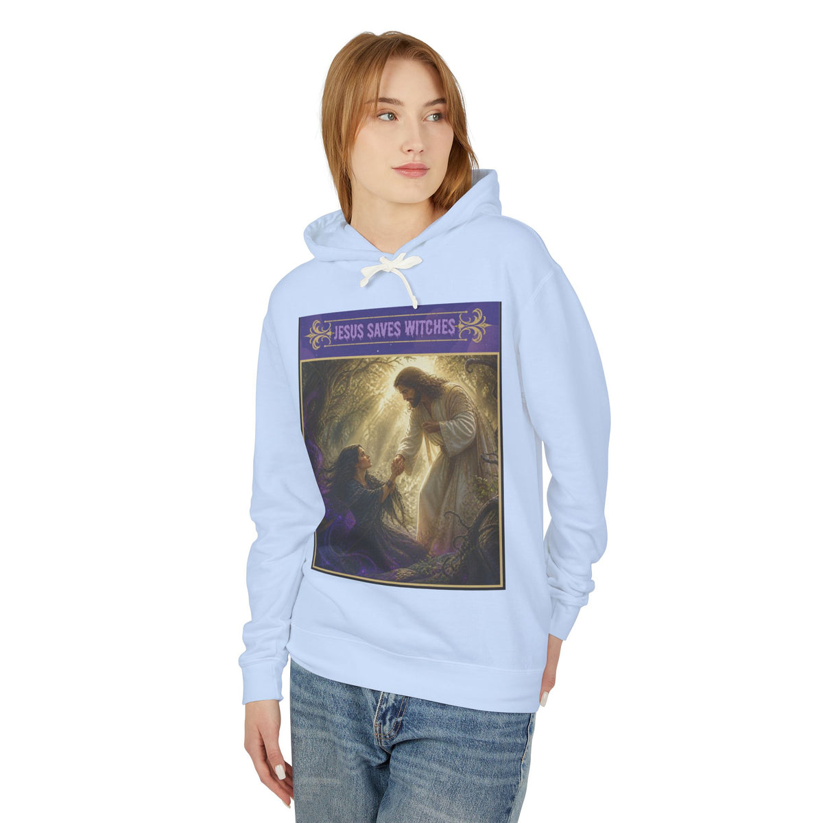 "Jesus Saves Witches" Lightweight Hooded Sweatshirt