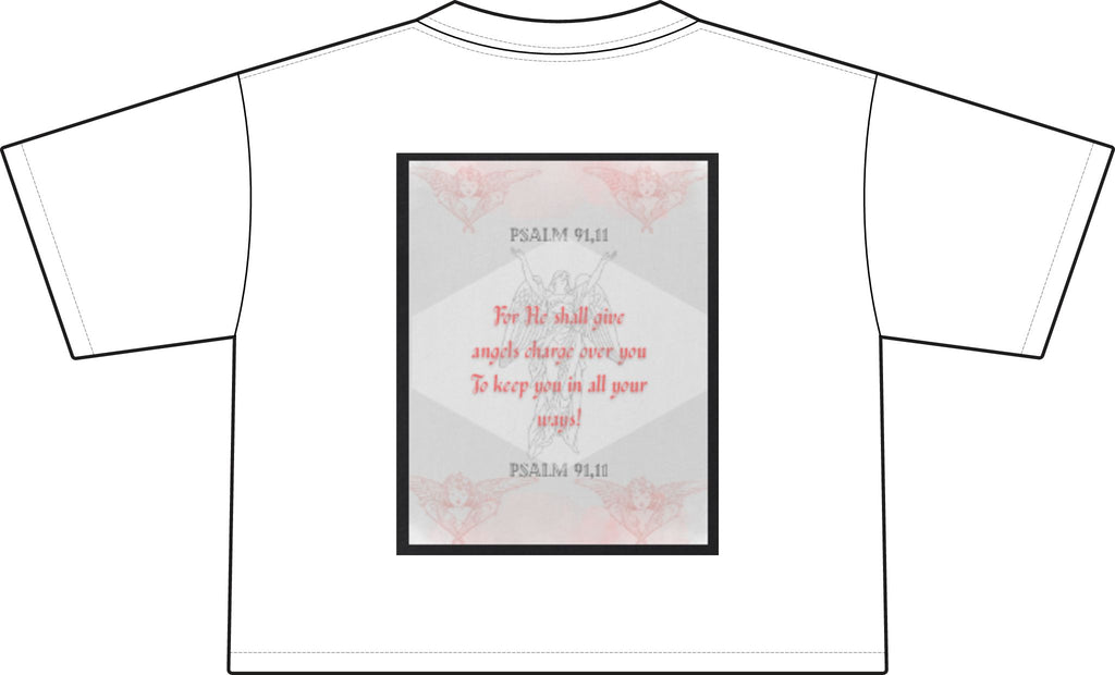 Psalms 91:11: "For He shall give His angels charge over you" Women's Crop Tee Front & Back