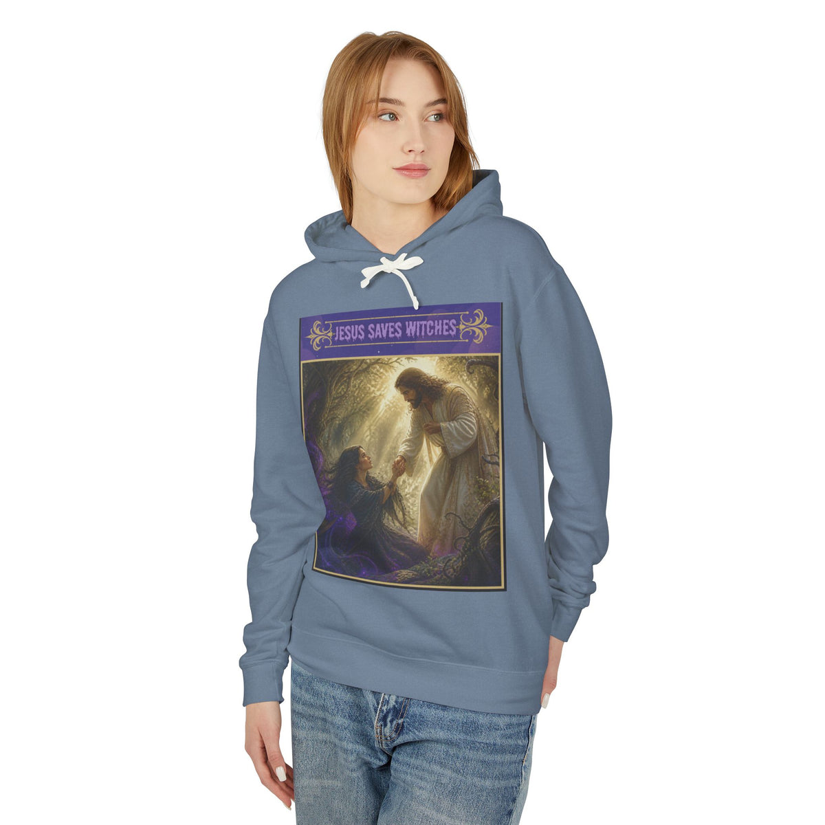 "Jesus Saves Witches" Lightweight Hooded Sweatshirt