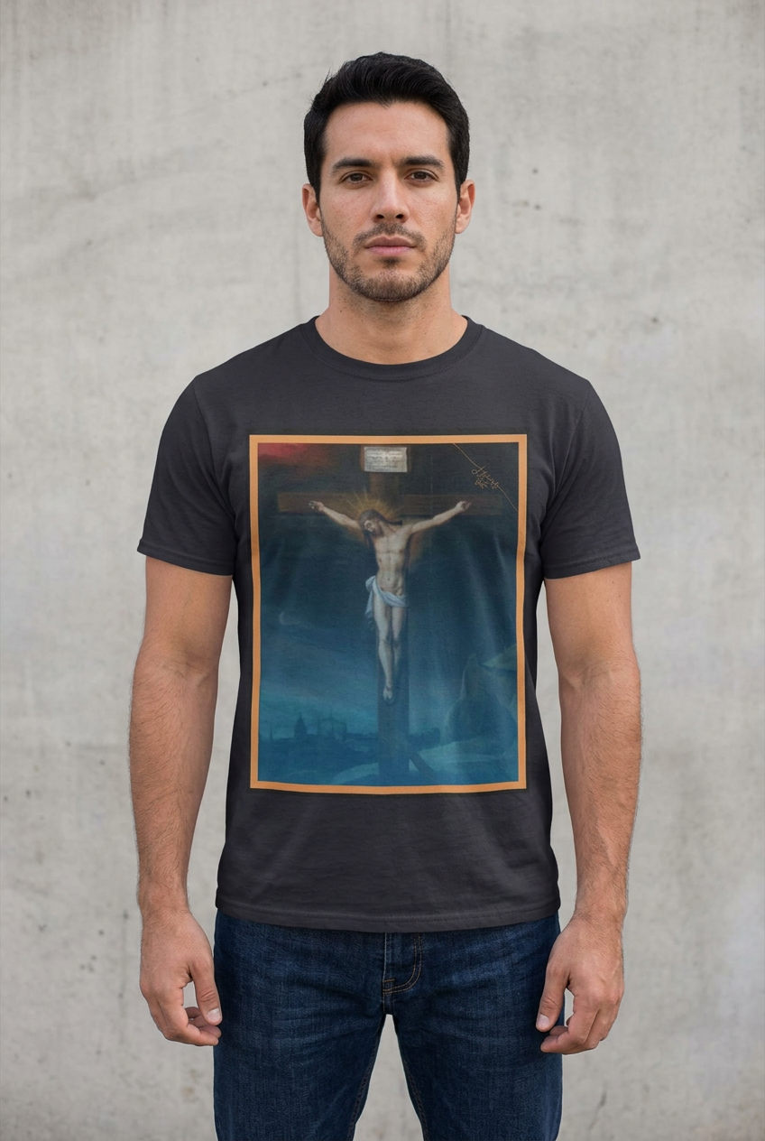 AI model mockup of the INRI Crucifixion Art Tee