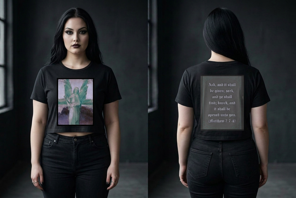 Angel and Matthew verse tee with plus-size goth model, front and back