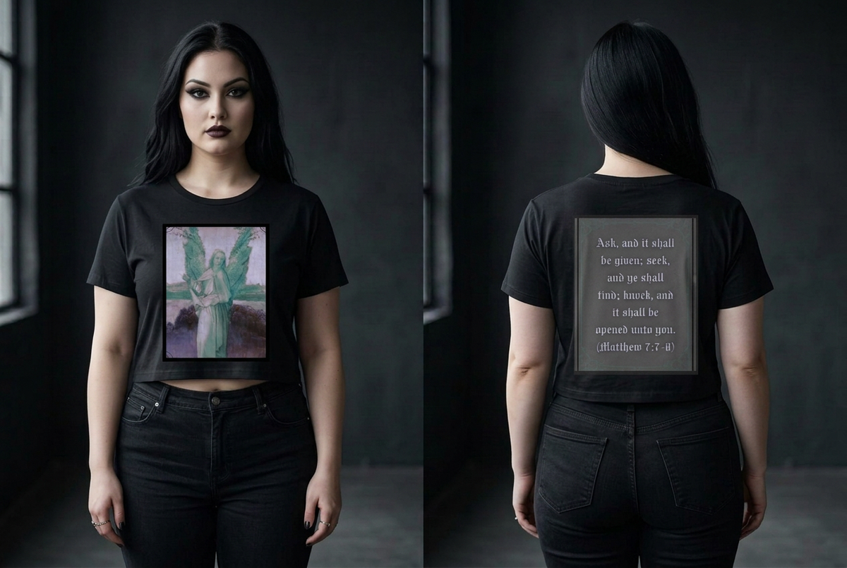 Angel and Matthew verse tee with plus-size goth model, front and back
