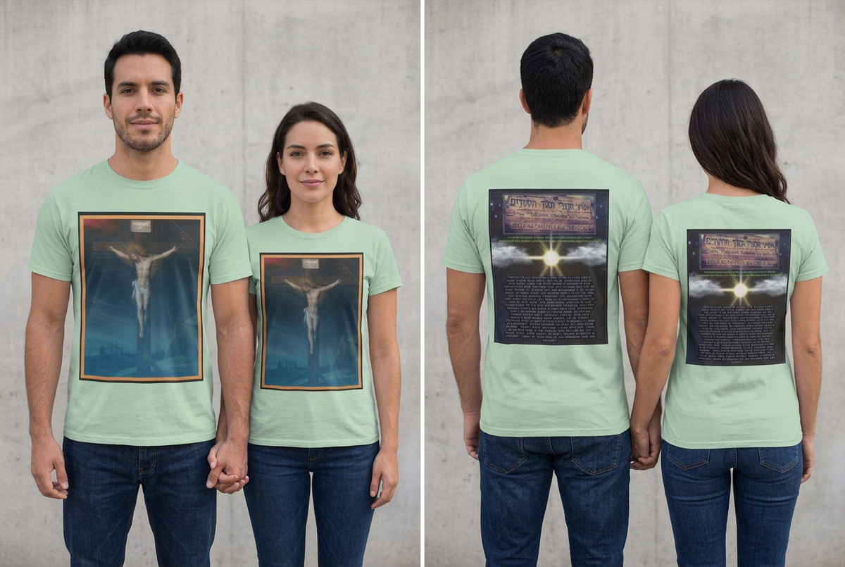 Couple holding hands in matching mint-green crucifixion tees, front and back