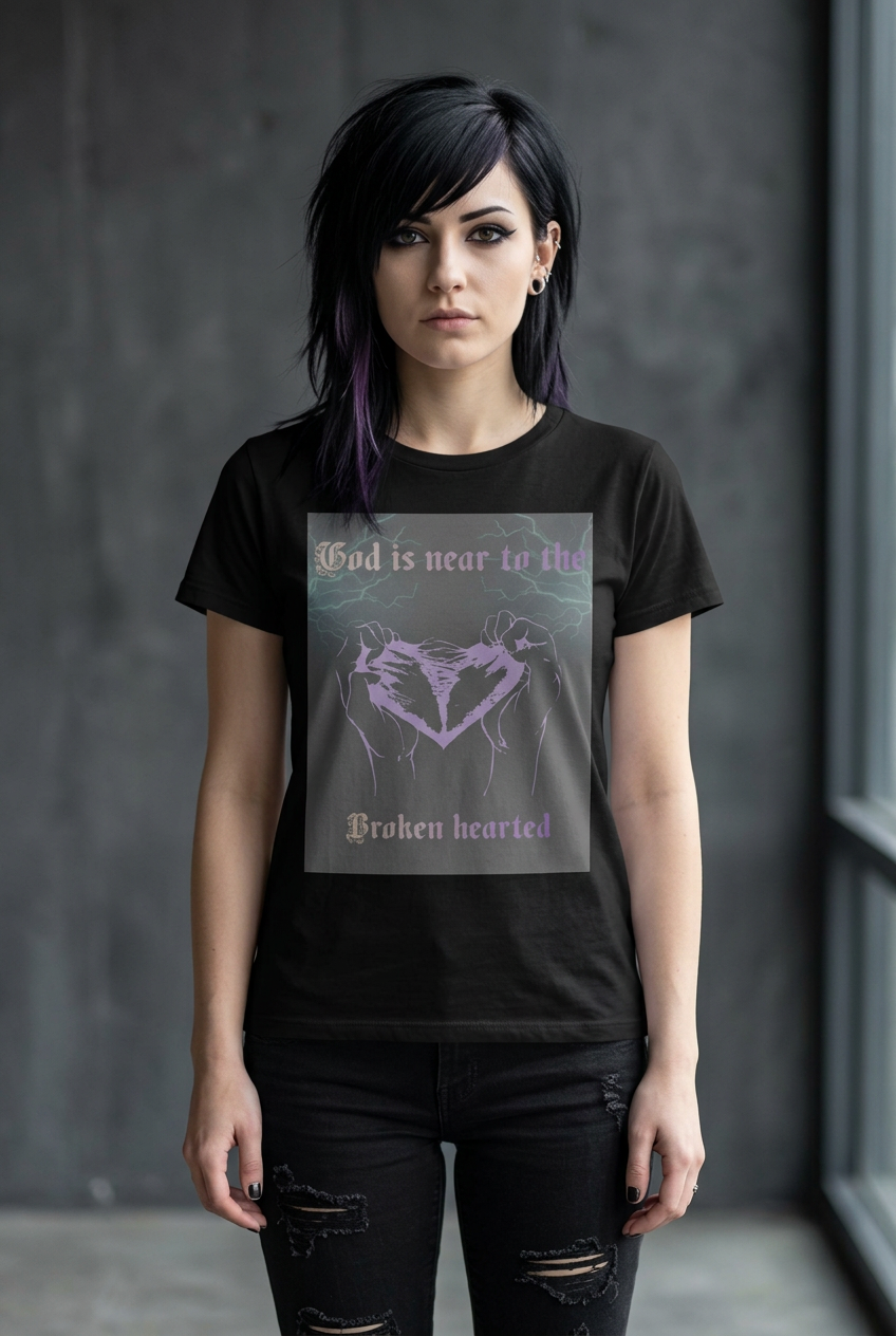 Female emo-style model wearing the God Is Near to the Brokenhearted tee