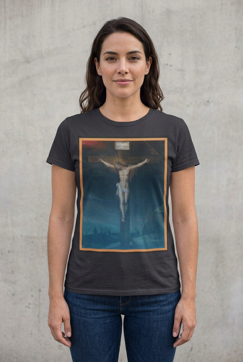 Female model wearing the charcoal INRI crucifixion art tee