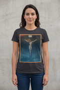 Female model wearing the charcoal INRI crucifixion art tee