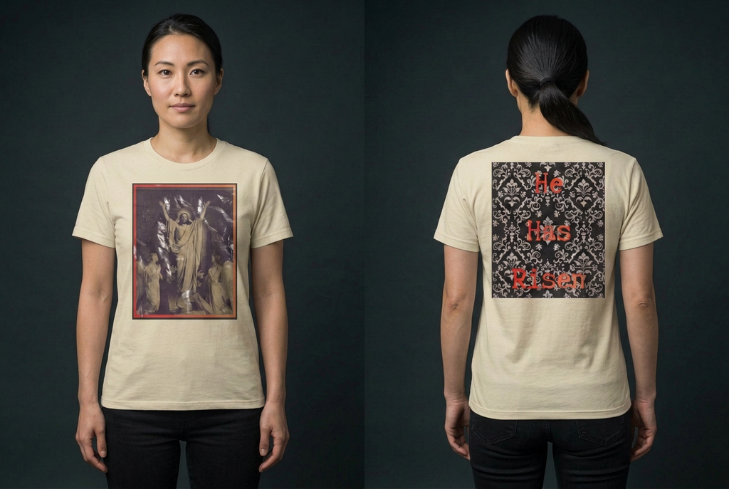 Female model wearing the cream He Has Risen tee, front and back