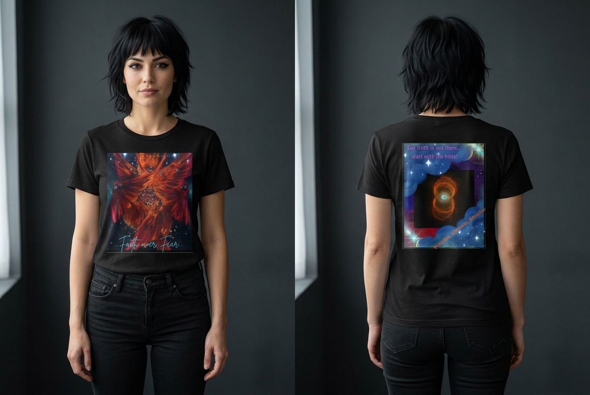 Front and back model views of the black Faith over Fear tee