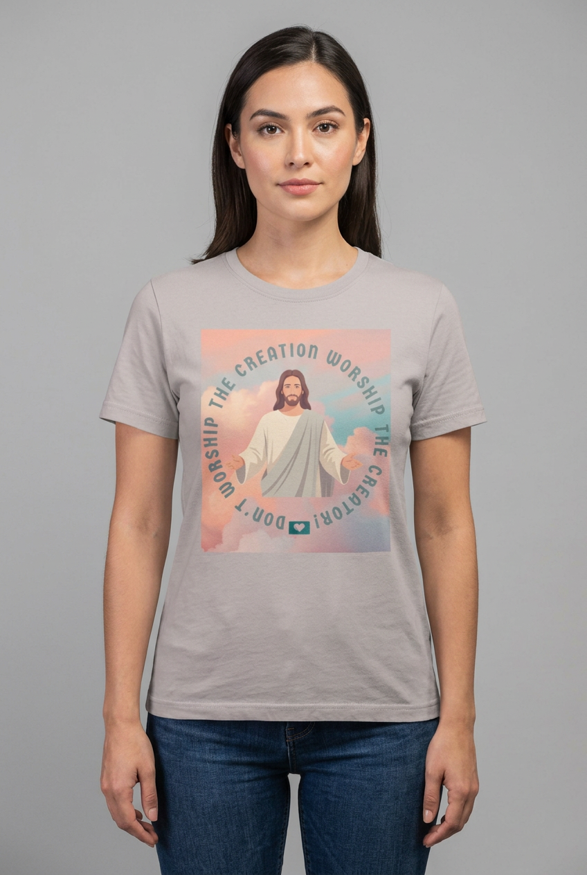 Front-view female model mockup of the Platinum tee