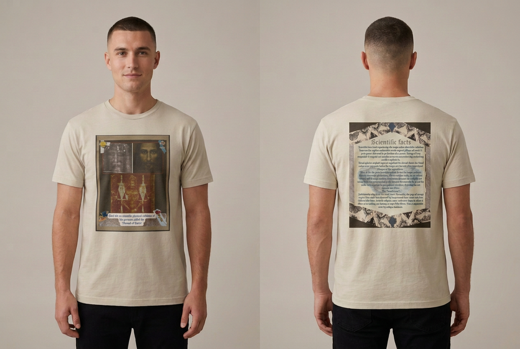 Male model showing the front and back of the cream Shroud of Turin tee