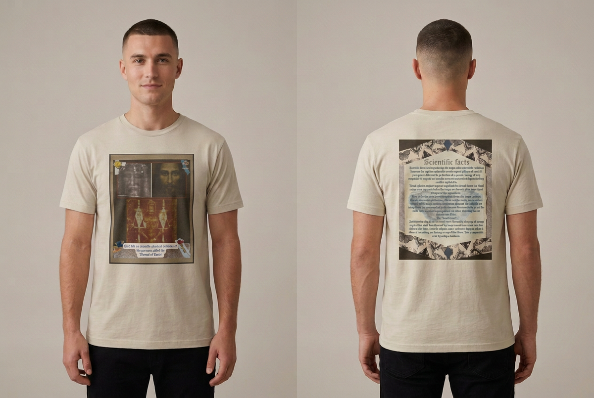 Male model showing the front and back of the cream Shroud of Turin tee