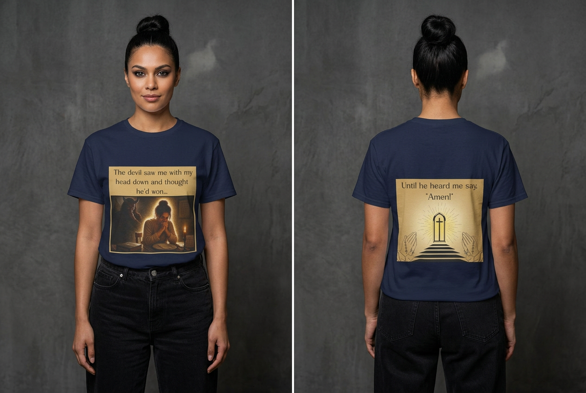 Female model showing the front and back of the navy Satan thought he'd won until he heard me say Amen tee