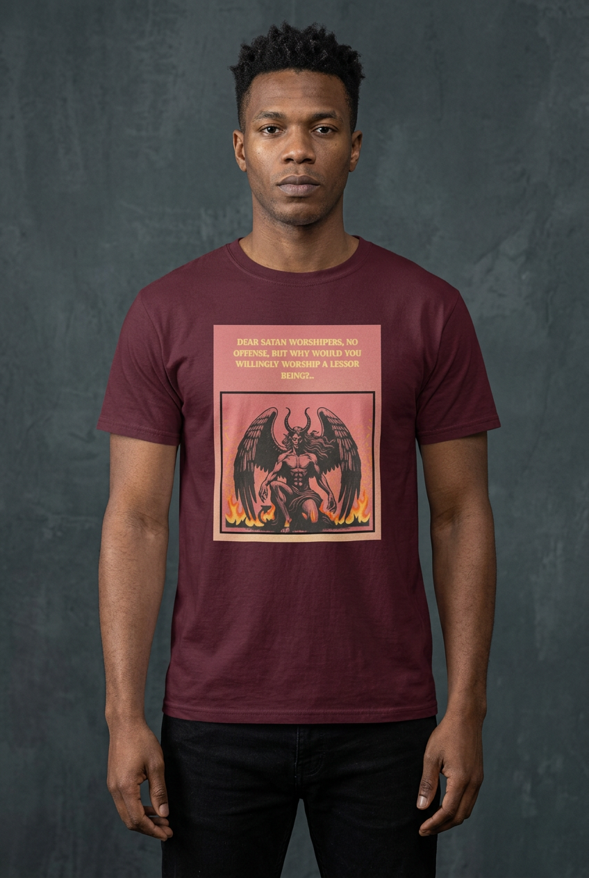 Male model wearing the burgundy Why Worship a Loser graphic tee with black jeans