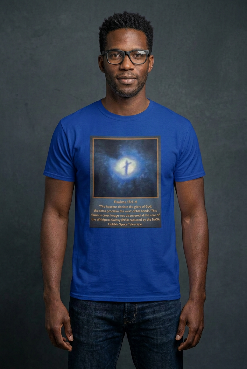 Male model wearing glasses and a royal blue Cross in the Cosmos Whirlpool Galaxy graphic tee