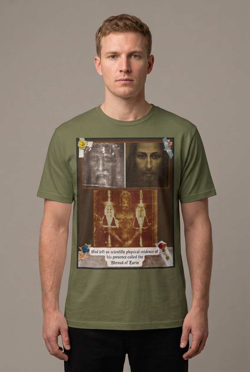Red-haired male model wearing the green Shroud of Turin tee