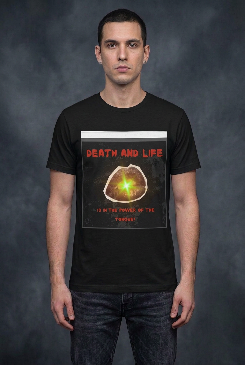 Male model wearing the black Death and Life tee