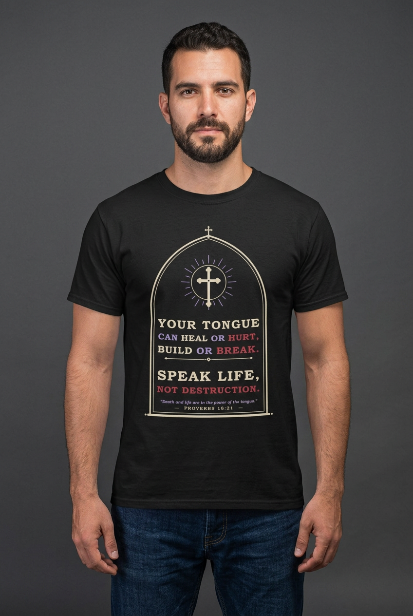 Male model wearing the black Speak Life tee