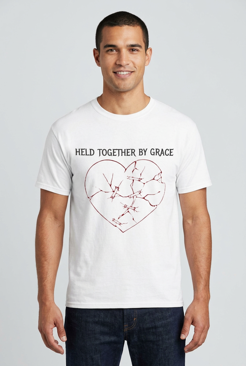 Male model wearing the white Held Together by Grace tee