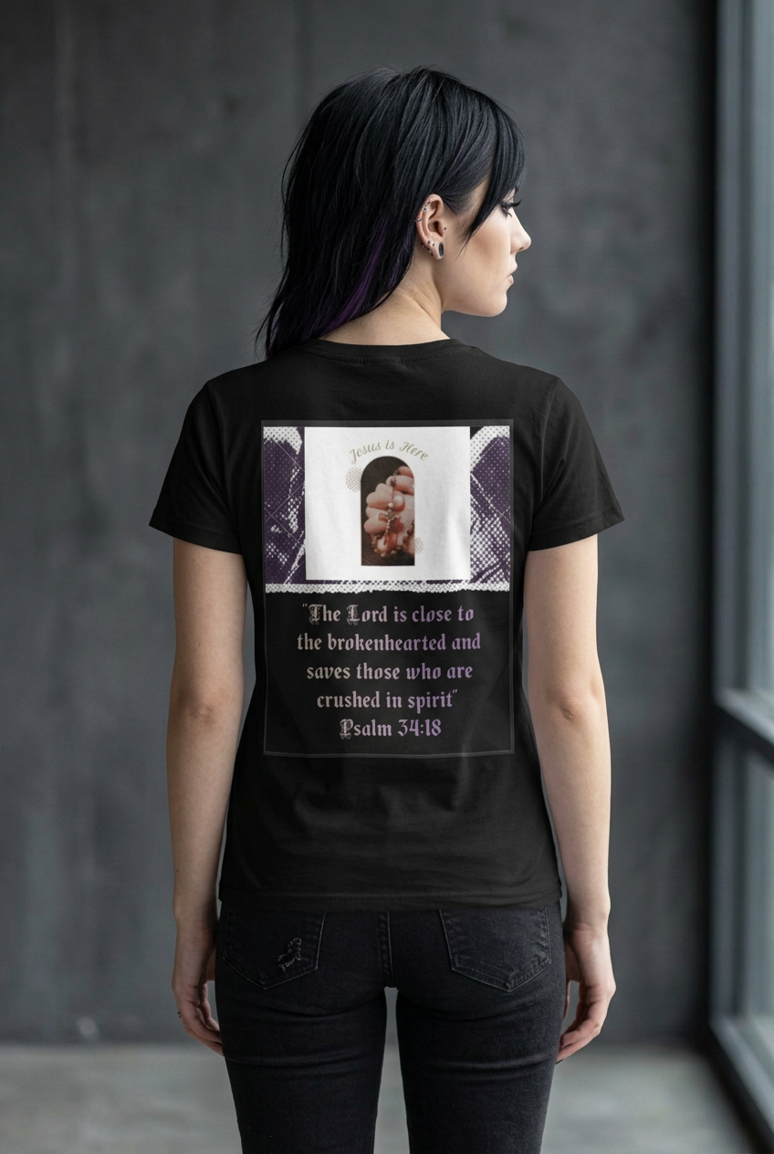Matching back-view model mockup of the Brokenhearted tee