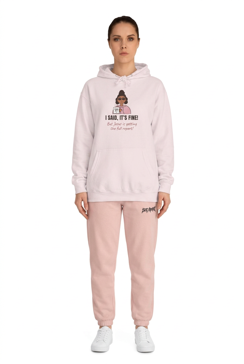 Model in pink hoodie, pink Set Apart joggers, and white tennis shoes