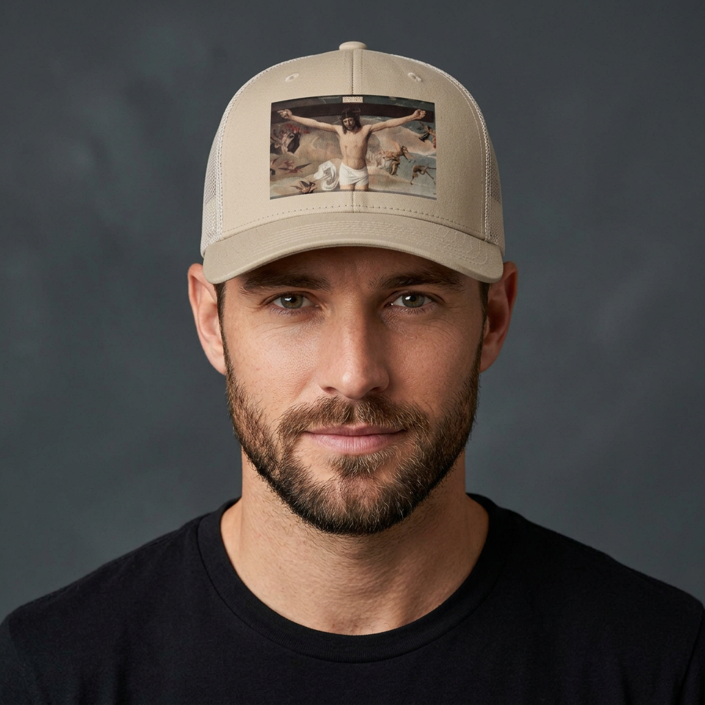 Model wearing the Jesus Five-Panel Trucker Hat