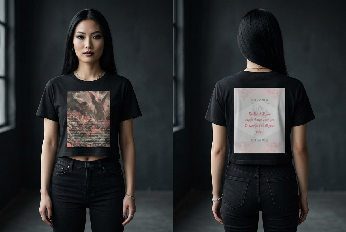 Psalms 91:11: "For He shall give His angels charge over you" Women's Crop Tee Front & Back