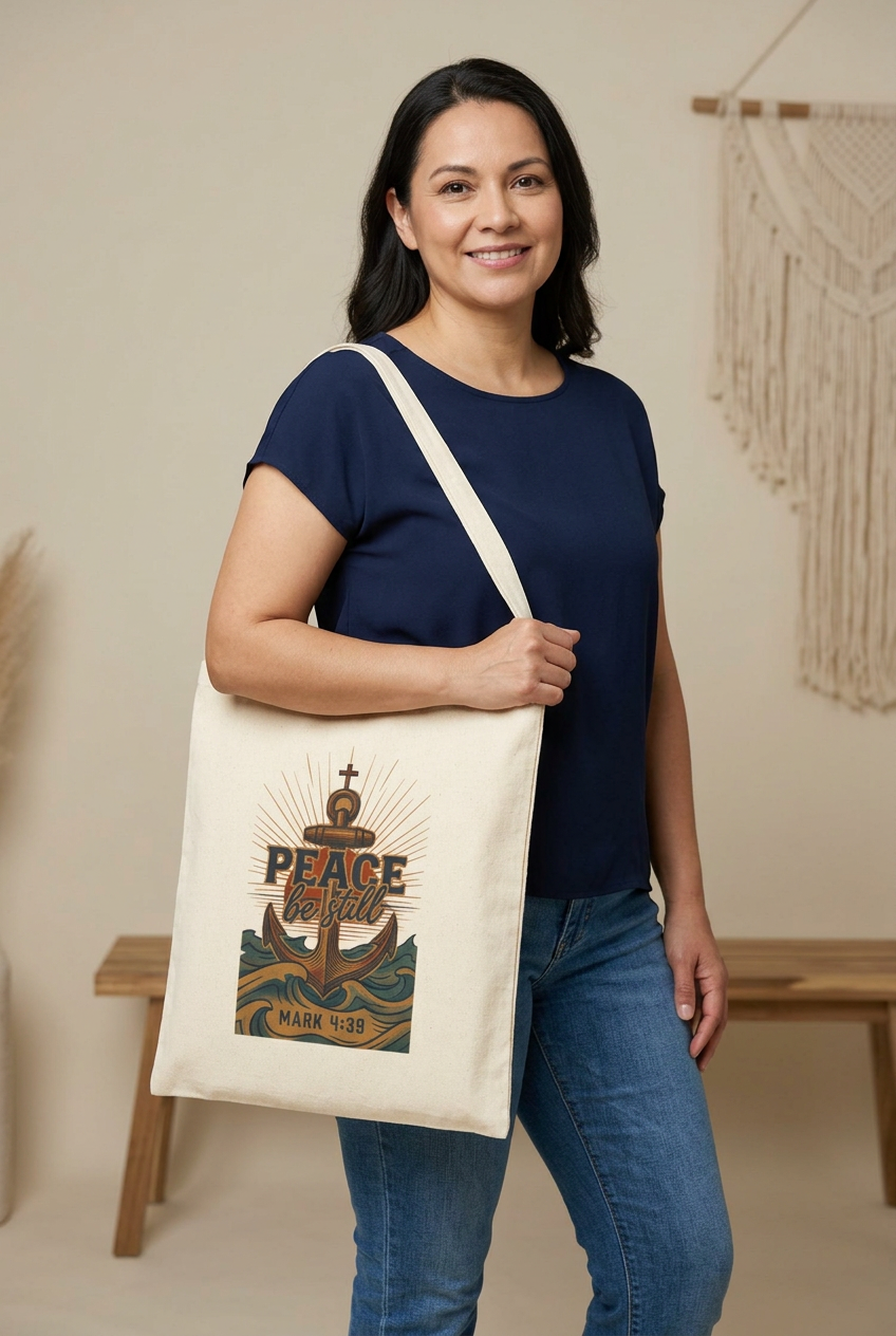 Peace Be Still Tote | Christian Scripture Tote, Mark 4:39 Nautical Anchor Design