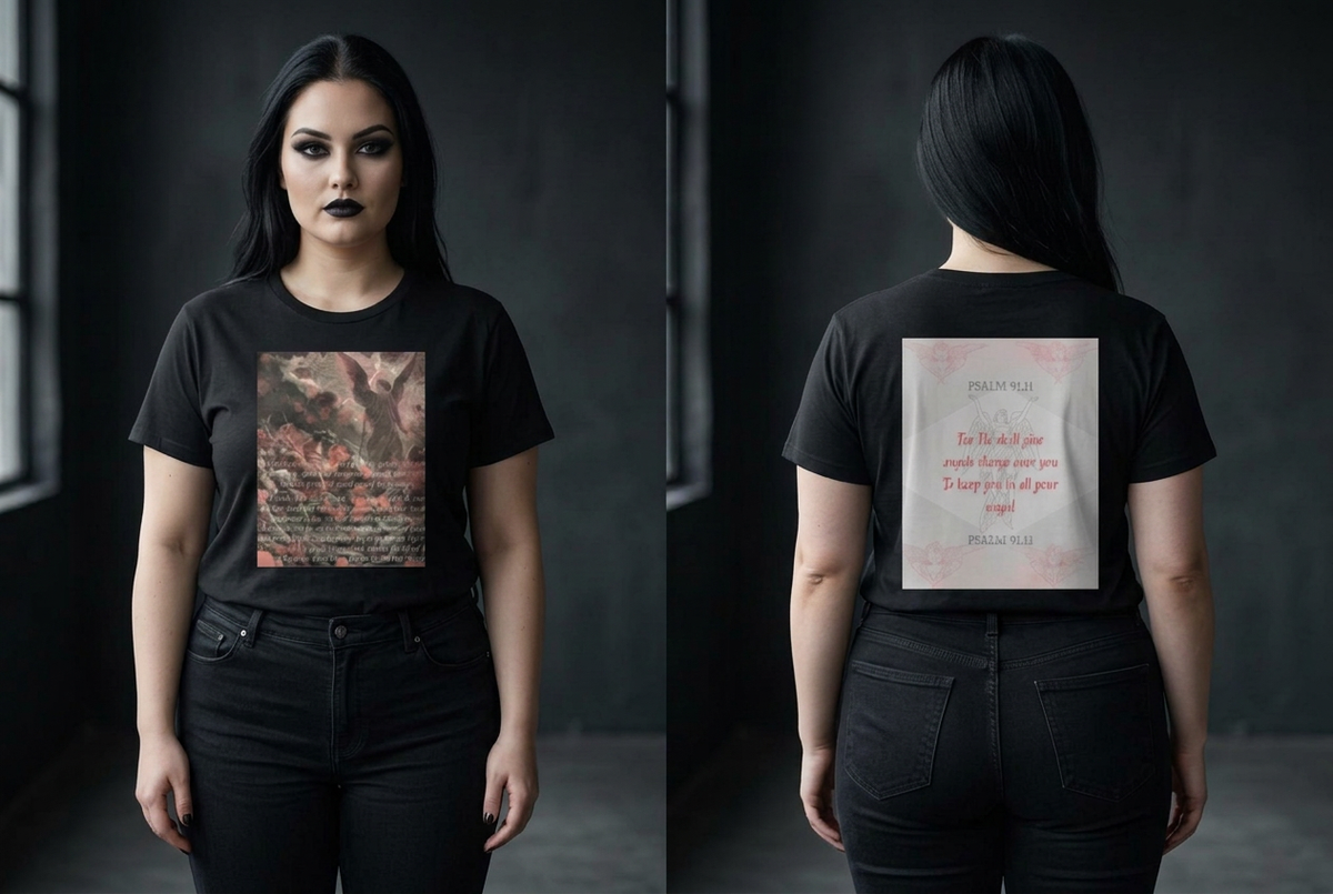 Psalms 91:11: "For He shall give His angels charge over you" Women's Crop Tee Front & Back