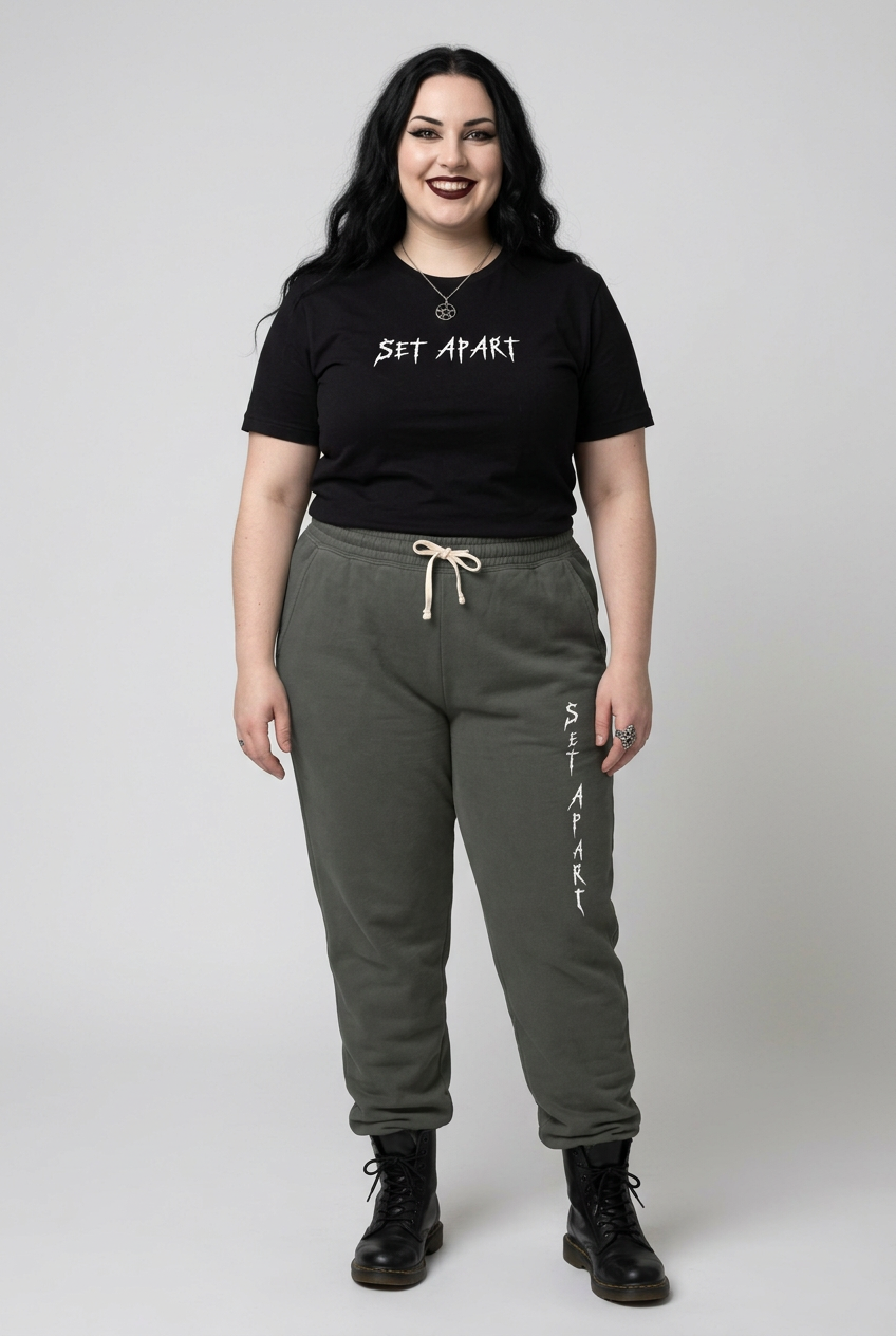 Plus-size gothic female model in charcoal SET APART sweatpants and a black SET APART tee