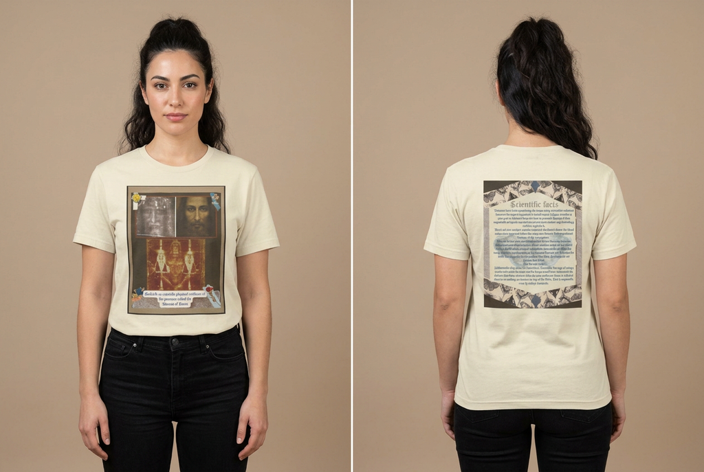 Retried female model showing the cream Shroud of Turin tee front and back