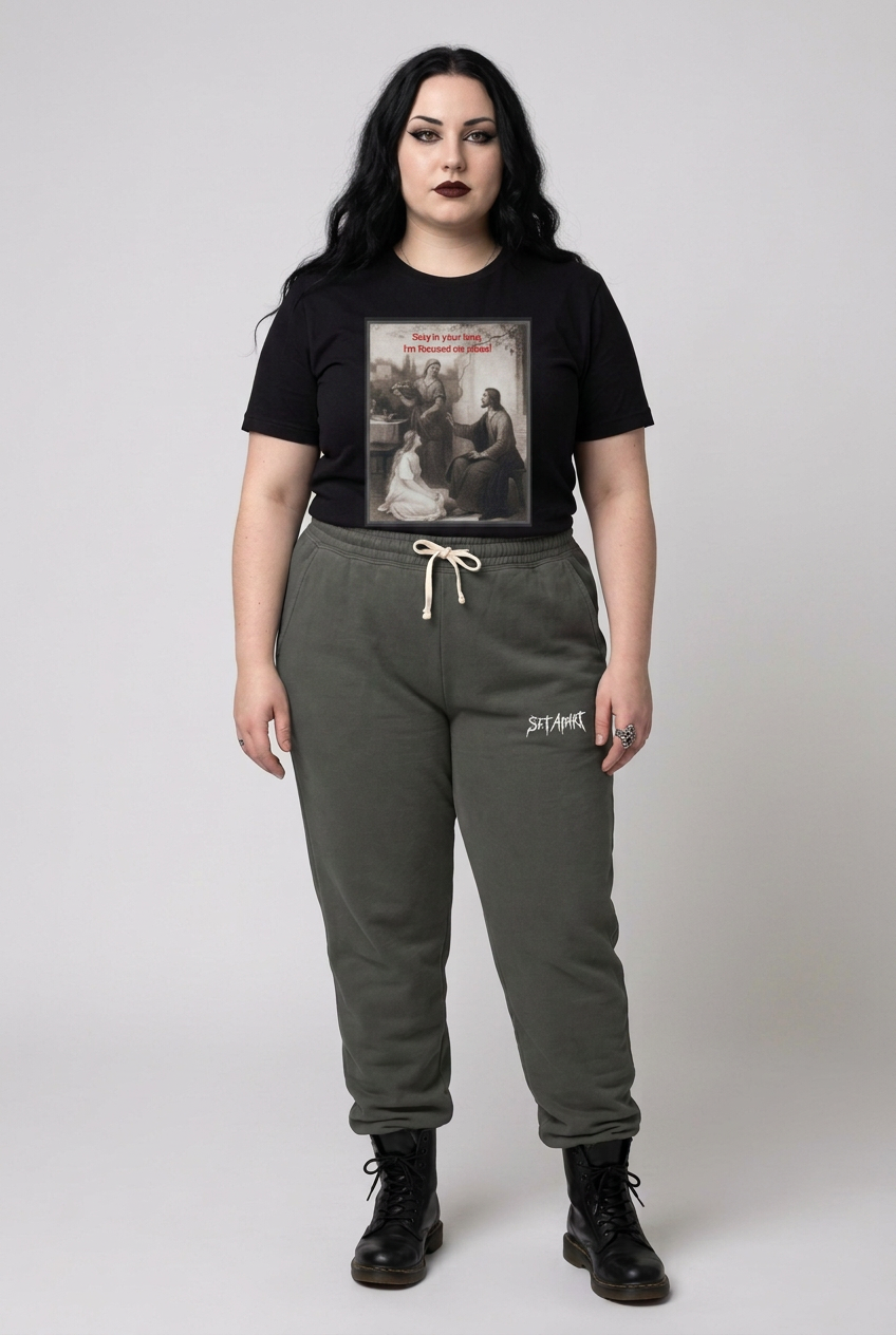 Retry with the same plus-size gothic model, Stay in Your Lane shirt, and charcoal SET APART sweatpants
