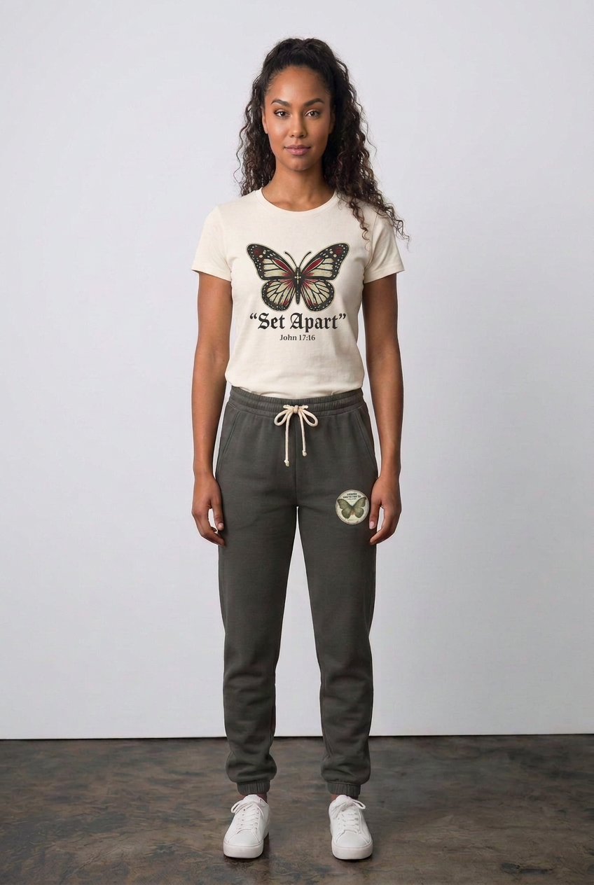 Same female model wearing a butterfly Set Apart T-shirt and charcoal butterfly joggers