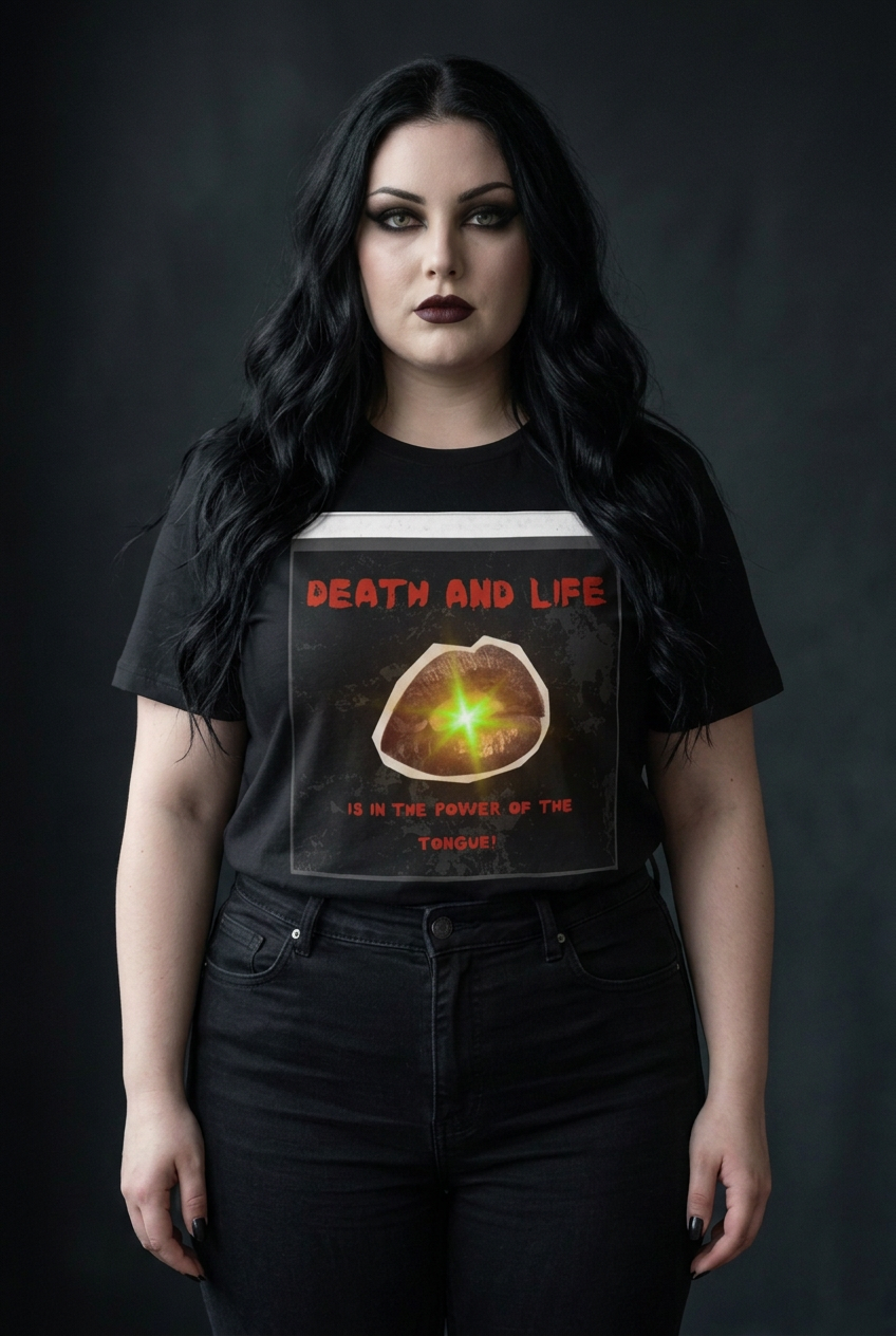 Same gothic female model wearing the black Death and Life tee