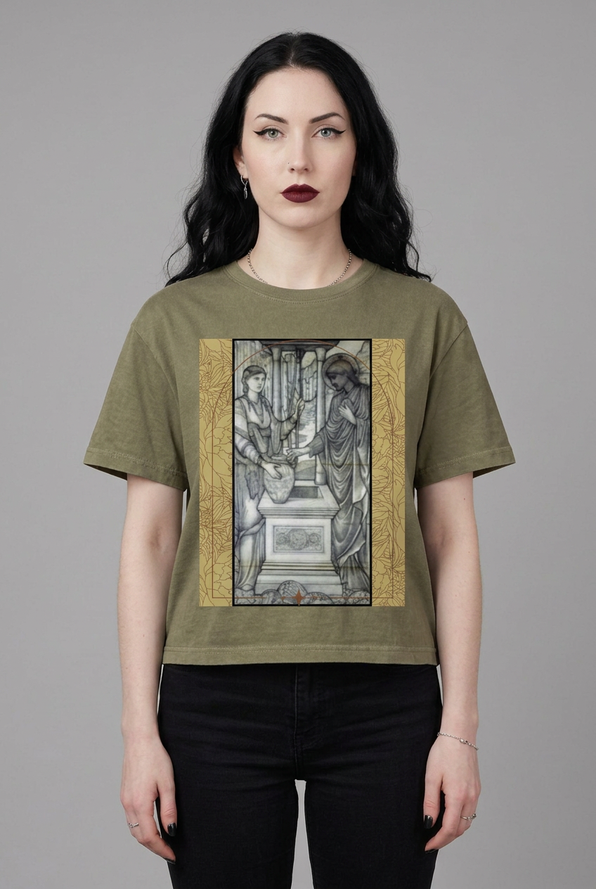 Same gothic female model wearing the olive Women at the Well tee