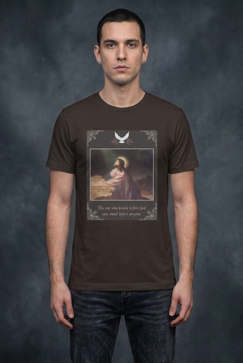 Same male model from the Nephilim tee wearing The One Who Kneels Before God tee