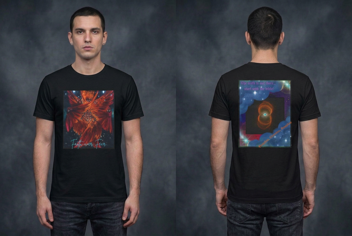 Same male model wearing the black Faith over Fear tee, front and back