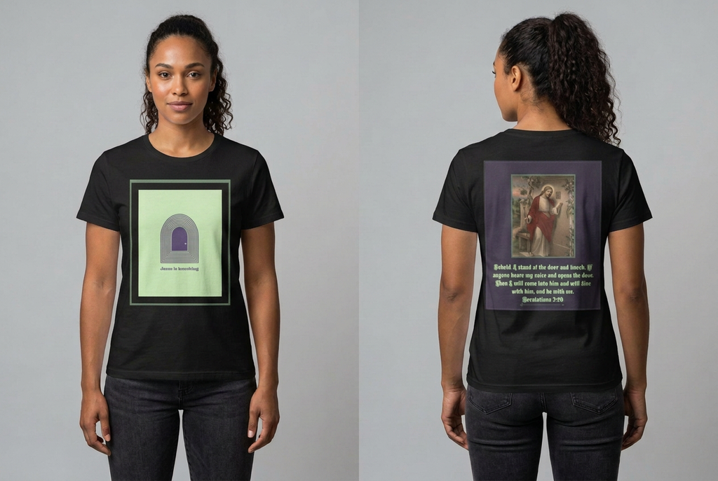 Same model wearing the black Jesus Is Knocking shirt, front and back