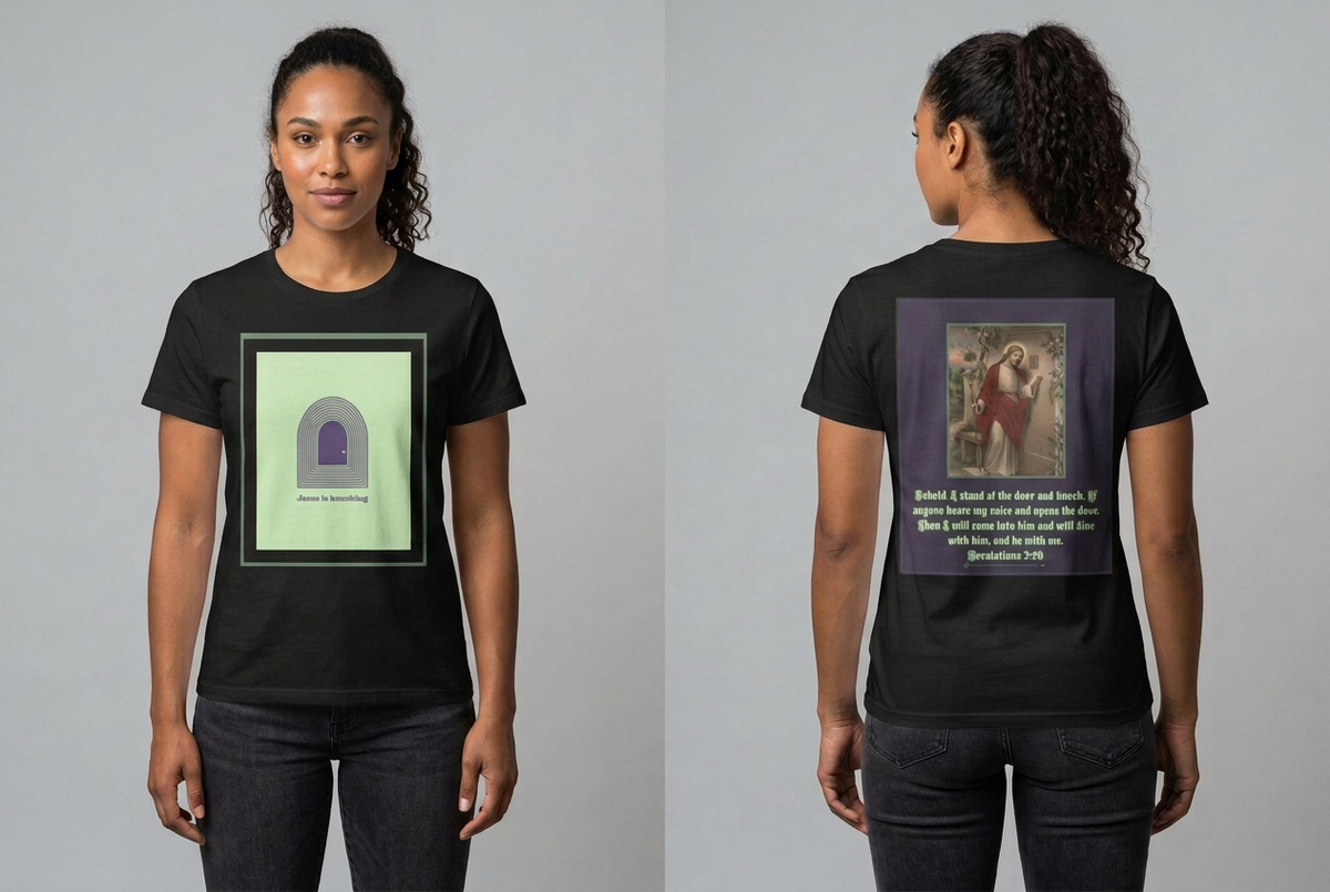 Same model wearing the black Jesus Is Knocking shirt, front and back