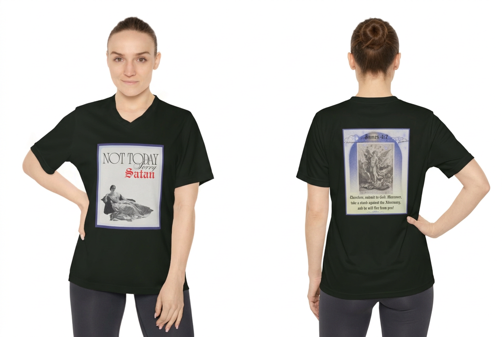 Same model with hand on hip, showing the shirt’s front and James 4:7 back