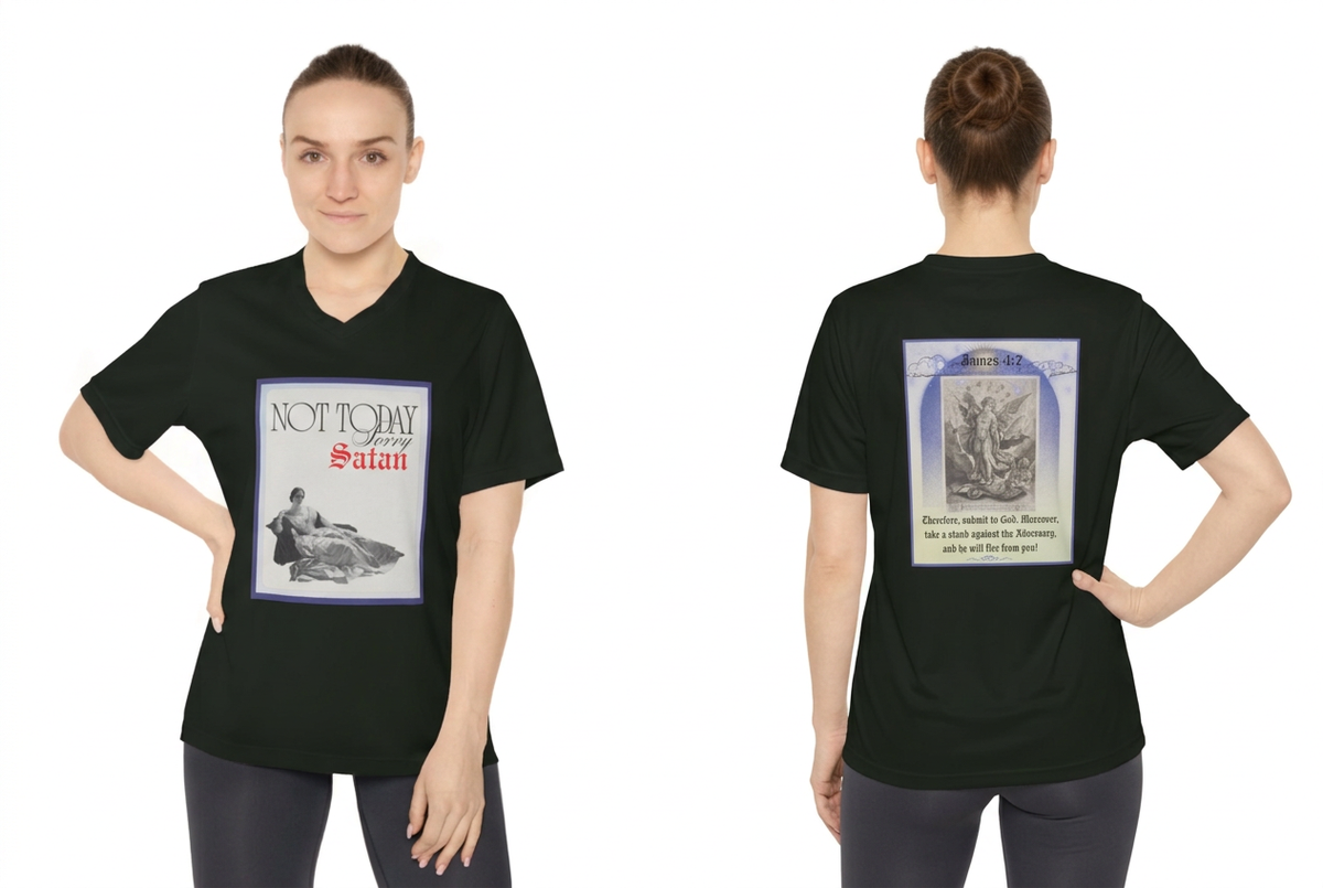 Same model with hand on hip, showing the shirt’s front and James 4:7 back