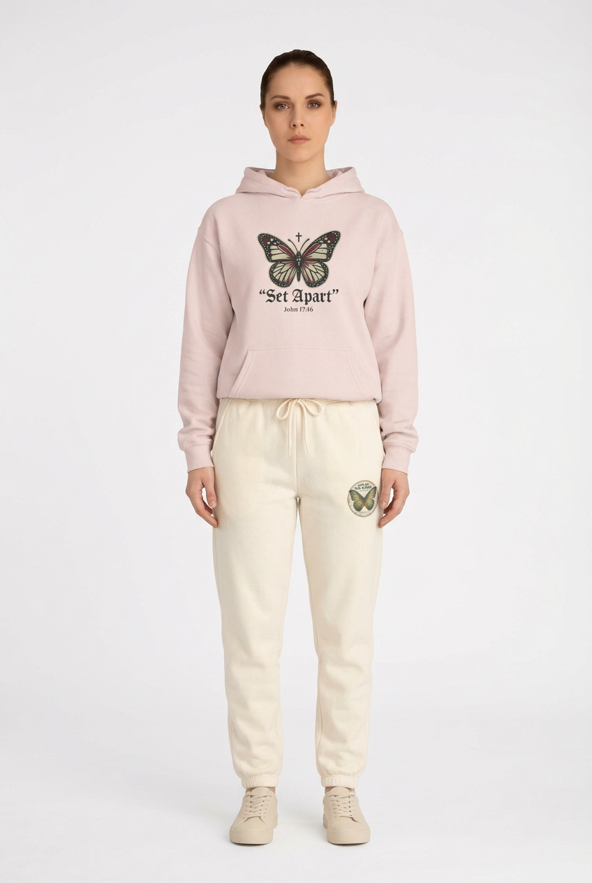 Selected female model wearing the blush butterfly hoodie and ivory butterfly-emblem sweatpants