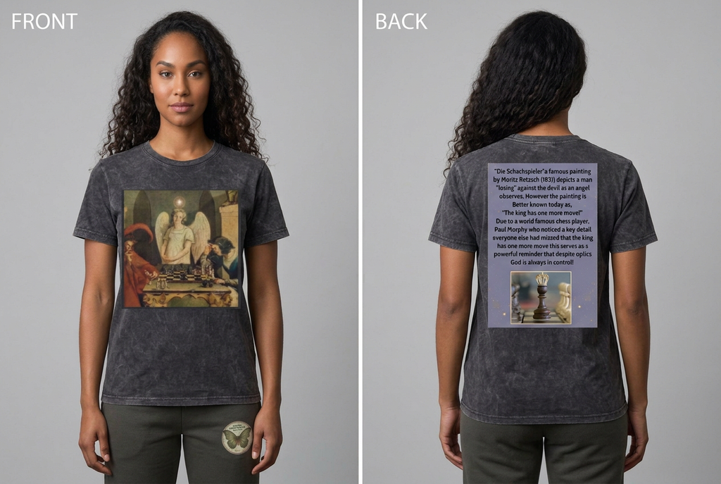 Selected female model wearing the chess shirt, front and back