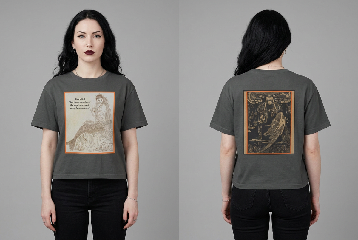 White gothic female model wearing the Sirens boxy tee, front and back